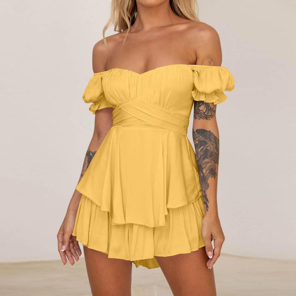Sexy Women's Off Shoulder Solid Color Short Sleeved Pleated Layer Back Zip Short Jumpsuit