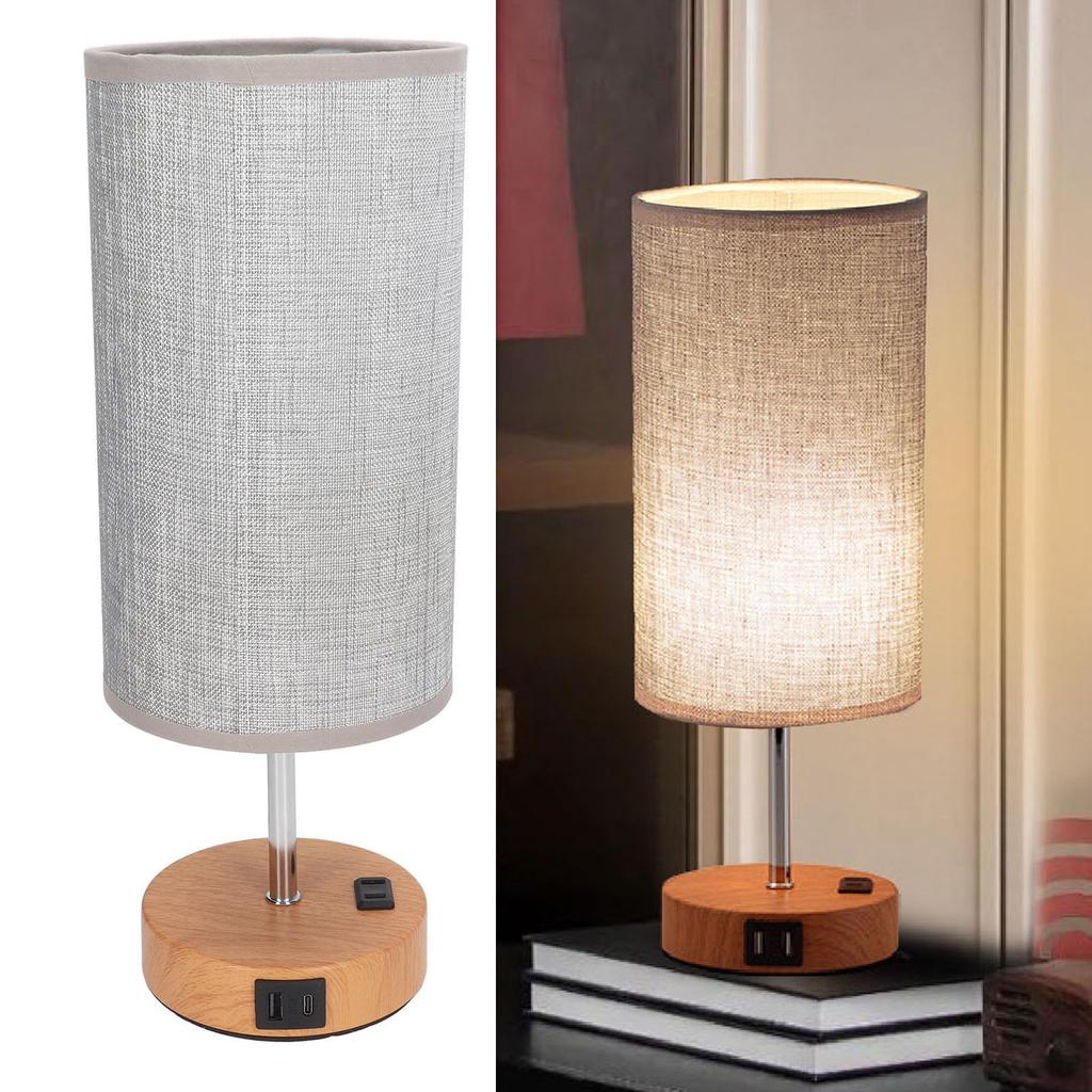 Touch Control Table Lamp Metal and Cloth USB Charging Three Gear LED Nightstand Lamp with Wood Grain Base for Bedroom  