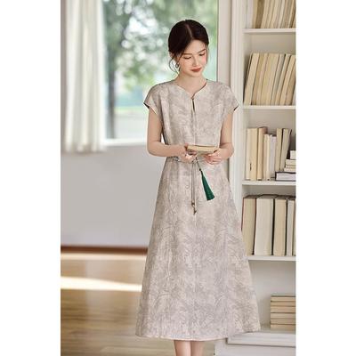 National Style Tie-dye Dress, New Chinese Style Improved Stand-up Collar, Waist and Thin Rice Bottom Gray Flower Polyester Light Luxury Temperament Wo
