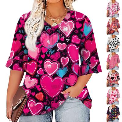 Women's Fashion Casual  Printed V-Neck Pleated Seven Minute Sleeve Ruffle Sleeve T-Shirt Plus Size Tops