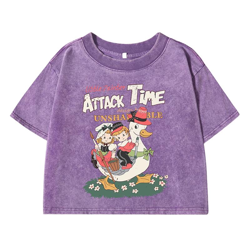 Original Cute Duck Retroprinting Female Washed Short T-Shirt Cool T Shirts Distress Hip Hop Clothes Breathable Soft Tops