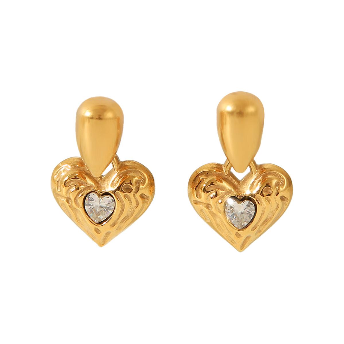 

18k Gold Stainless Steel Teardrop Studs with Diamond Inlay Hammered Heart Earrings, Fashionable High-end Ear Jewelry