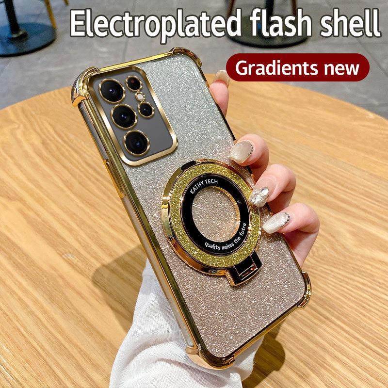 Suitable for Samsung S25ULtra Plating Flash Powder Airbag Magnetic Suction Bracket Mobile Phone Case A36 Anti Fall Full Cover Soft Shell A24