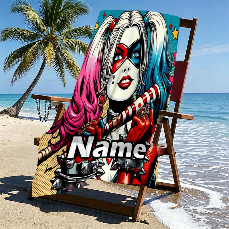 Custom Name Personalized Harley Quinn Joker Print Beach Towel, for Trip Camping Beach Party Home Decor, Birthday Gift for Family & Friends