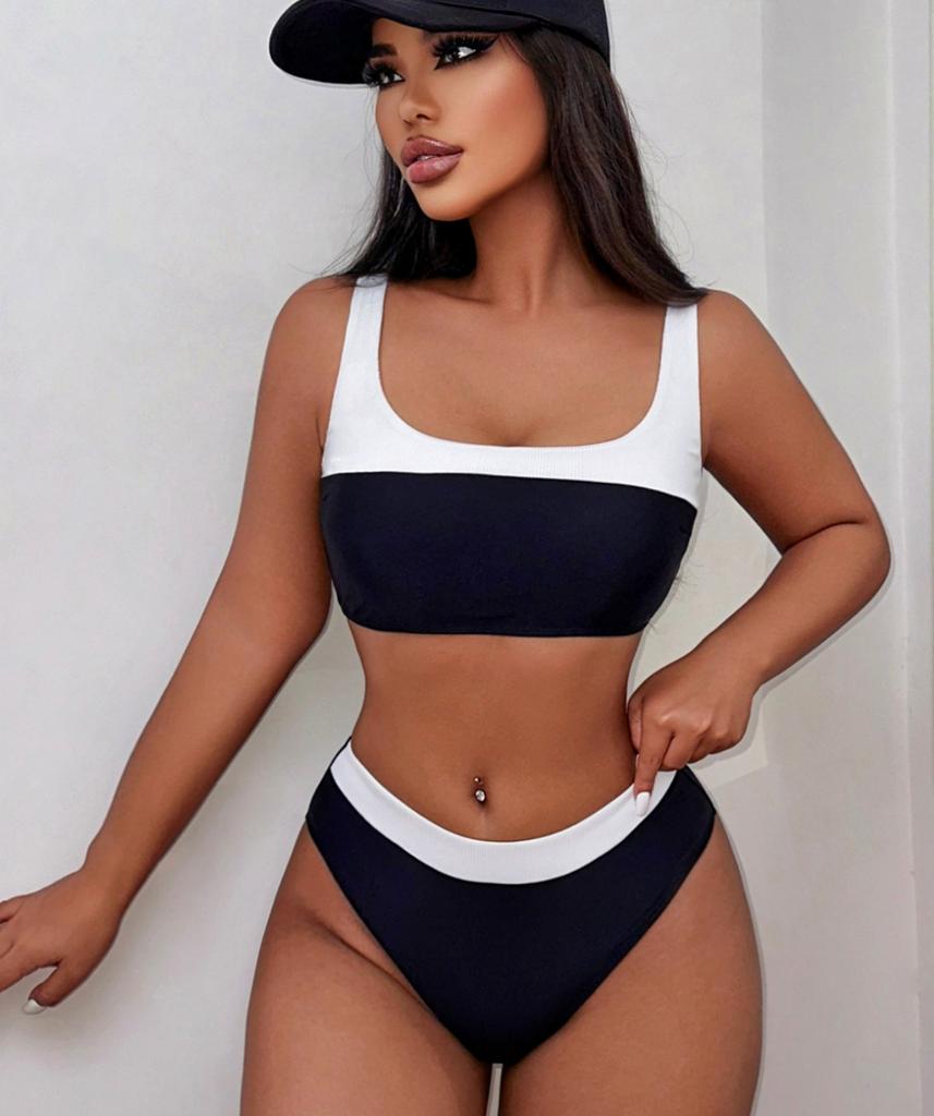 Costume da Bagno da Donna Sexy Bikini a Blocchi di Colore Bianco e Nero con Laccetti sulla Schiena Costume da Bagno Spezzato Abbigliamento da Spiaggia Costumi da Bagno