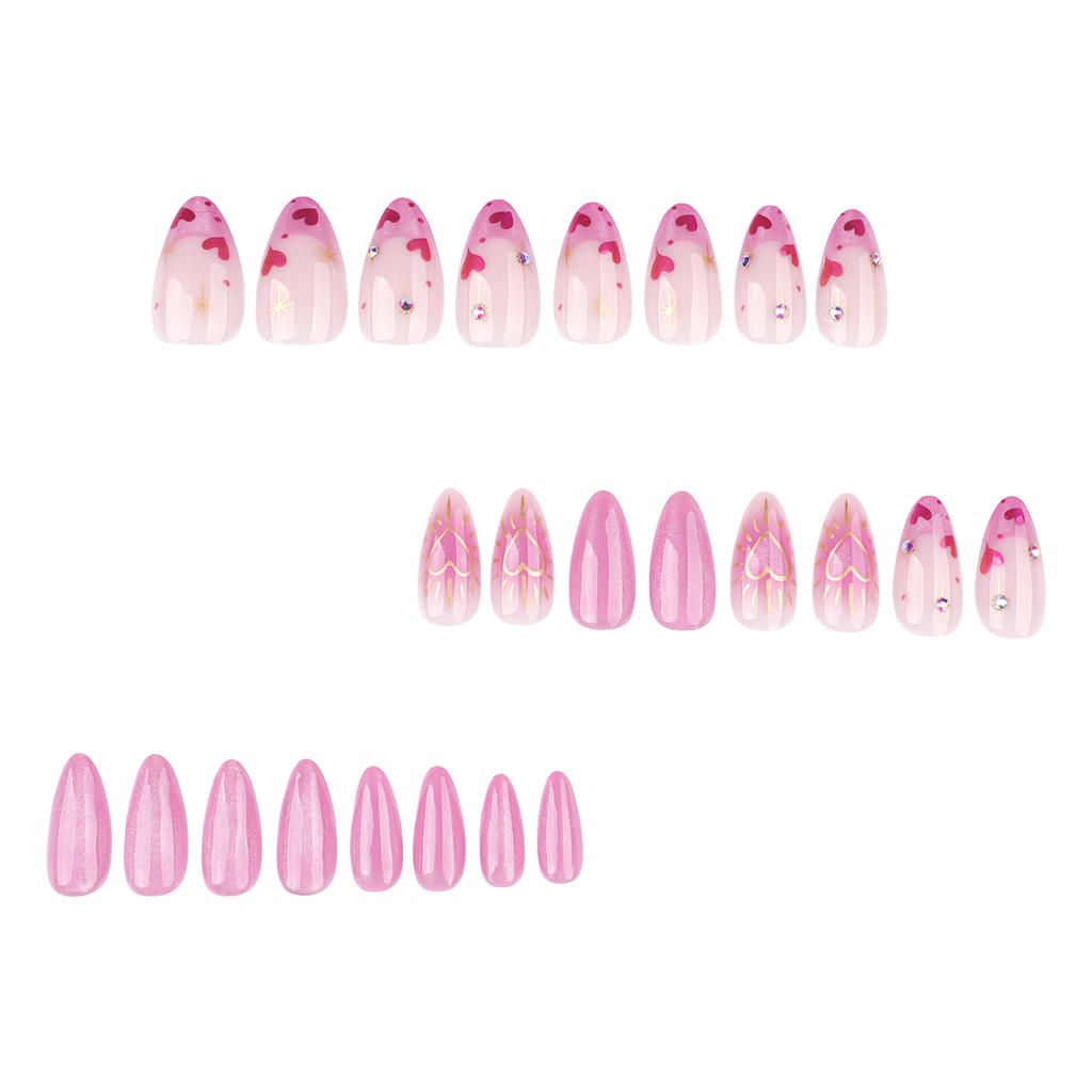 24PCS Glossy Pink Fake Nails with Cat Eyes Sweet & Charming Reusable False Nails for Stage Performance Wear