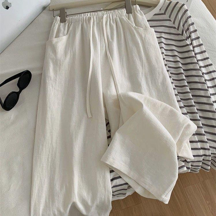 2025 Petite Women's White Cotton-Linen Slimming Wide-Leg Pants XS