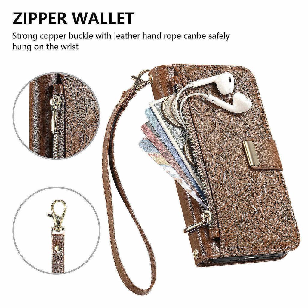 Phone Case For Google Pixel 9 Pro  / 9 Floral Leaf Pattern Multi Card Slots Zipper Leather Phone Cover with Wrist Strap