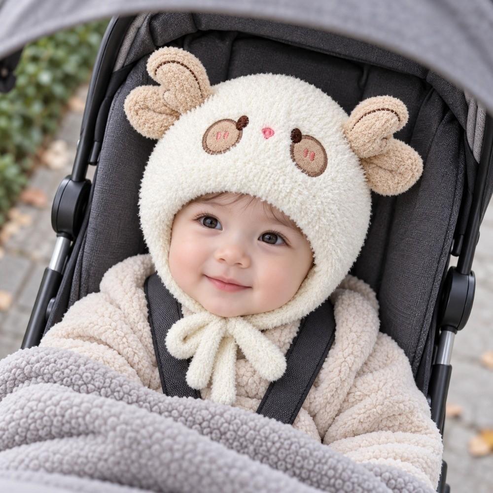 Windproof Kids Pom Pom Beanie Fleece Lined Cartoon Bear Hat Cute Baby Knitted Hat