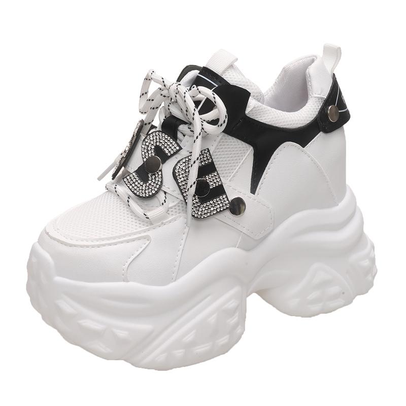 Damen Plateau Leder Sneaker Herbst 10CM Sportliche Dad Schuhe High Top Klobige Freizeitschuhe Frau Dicke Sohle Bling Weiße Schuhe