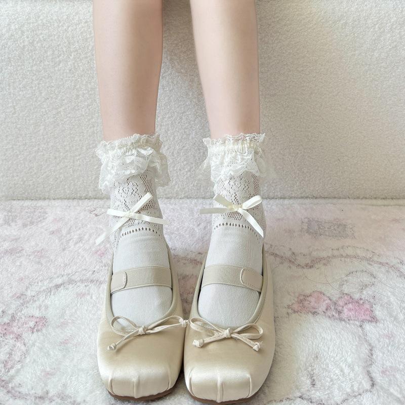 Lace Trim Lolita Ballet Bow Mid-Calf Socks - Spring/Summer Hollow Out Style