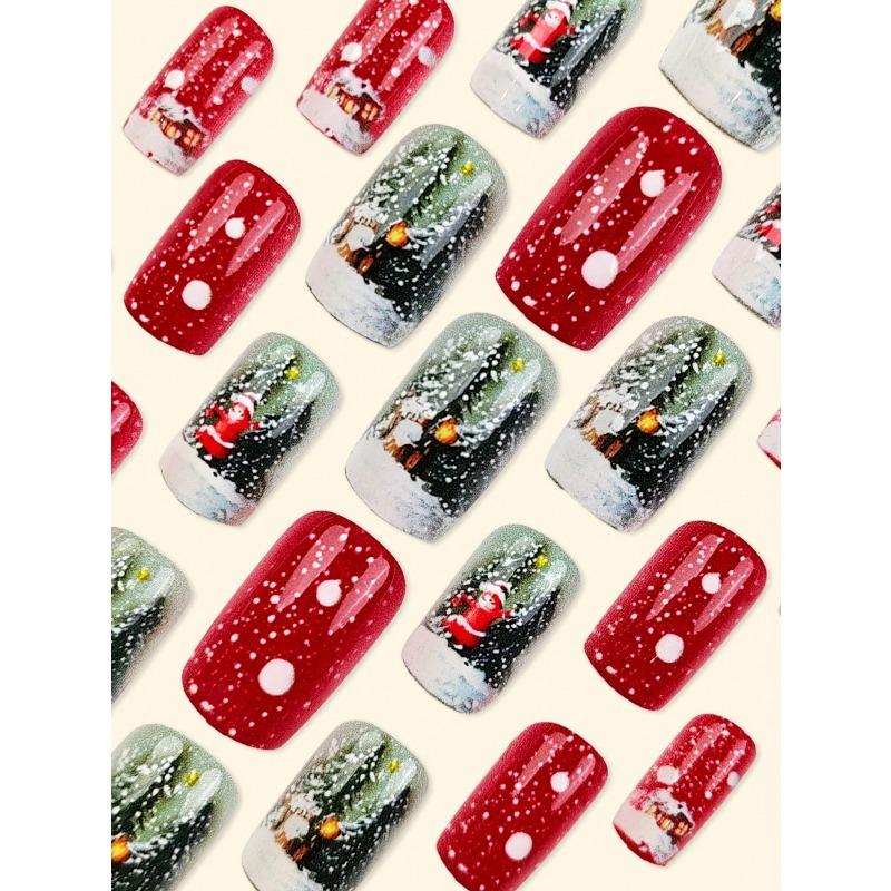 Christmas Red Nails Press on Short Nails Y2k Nails Square Geometry Stripe Ghristmas Tree Snowflakes Santa Claus Flame House Cartoon Cute Pattern