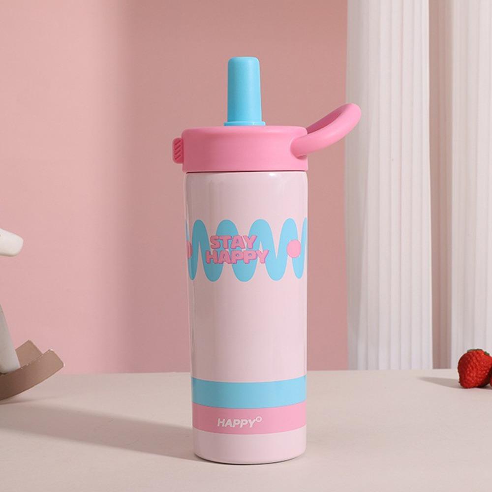 Durable 600ml Water Cup Stainless Steel Leak-proof Cartoon Insulated Cup Large Capacity Double Drinking Straw Cup