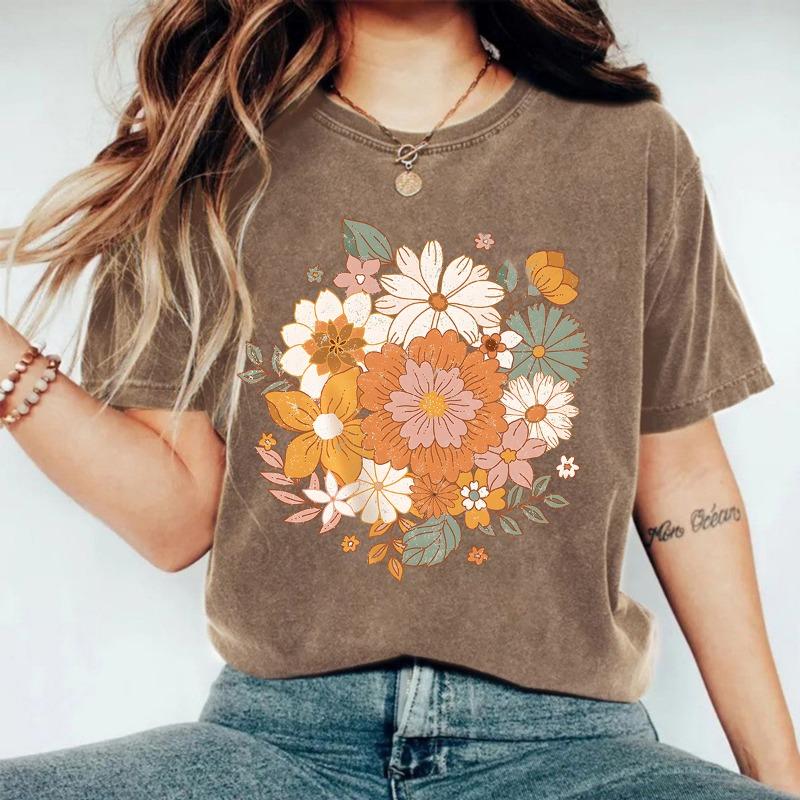 

Круглый вырез, модная футболка из чистого хлопка, выстиранная и состаренная, с цветочным принтом, свободные короткие рукава XXXL кофейный