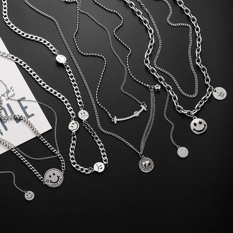 Double Layer Metal Smiley Face Pendant Necklace For Women Alloy Chain Letter Print Choker Jewelry Gift