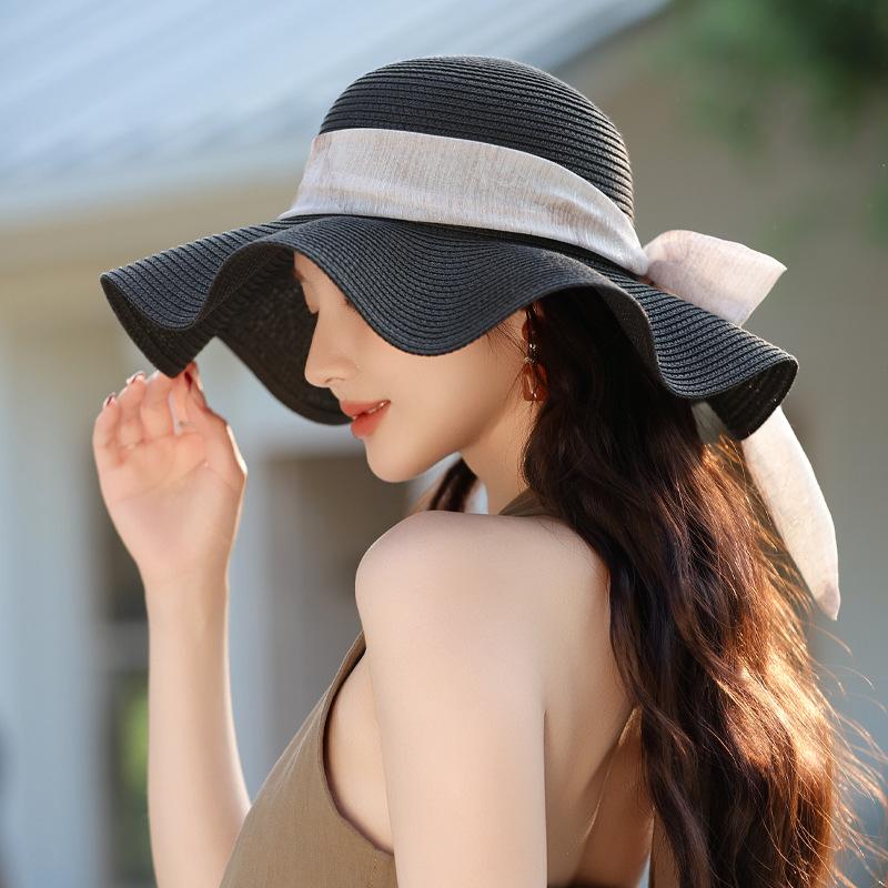 

Летняя новая шляпа женская для путешествий на открытом воздухе шляпа из рафии с волнистыми полями и бантом солнцезащитная шляпа Average size