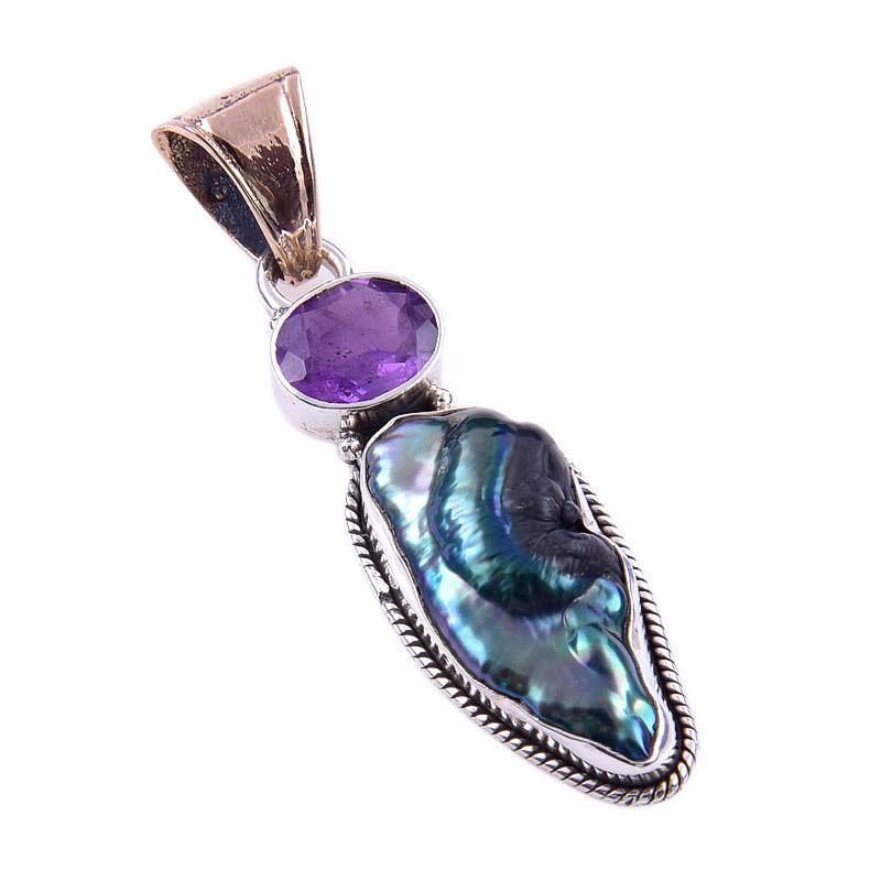 Natural Biwa Pearl, Amethyst 925 Solid Sterling Silver Jewelry Pendant 2'' W8y57