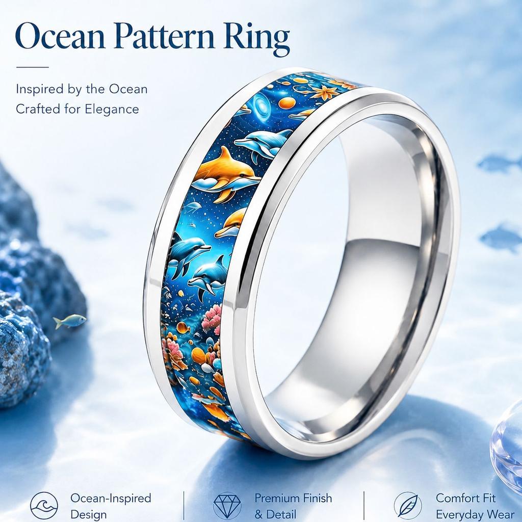 8mm Star Flower Pattern Stainless Steel Ring Butterfly Star Moon Red Rose Color Ring Women
