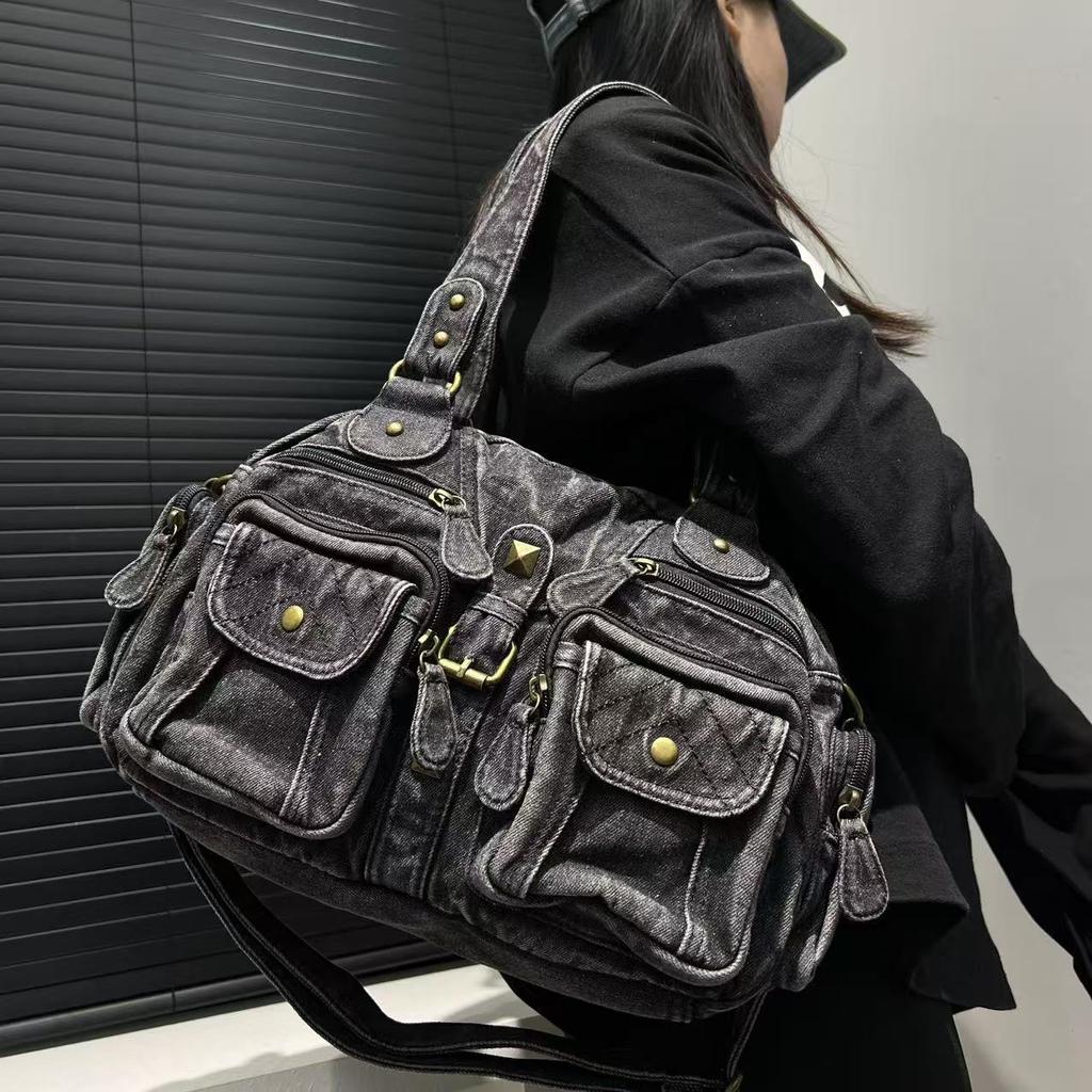 Women'S Washed Denim Tote Bag Multi-Pocket Retro Oblique Span Bag