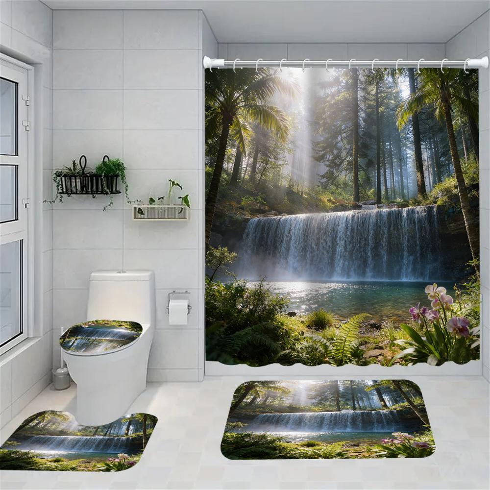 1/4 Rose Print Shower Curtains, Toilet Seat Decoration, Shower Curtain With Carpet And Toilet Lid, 70.8X70.8 Inch