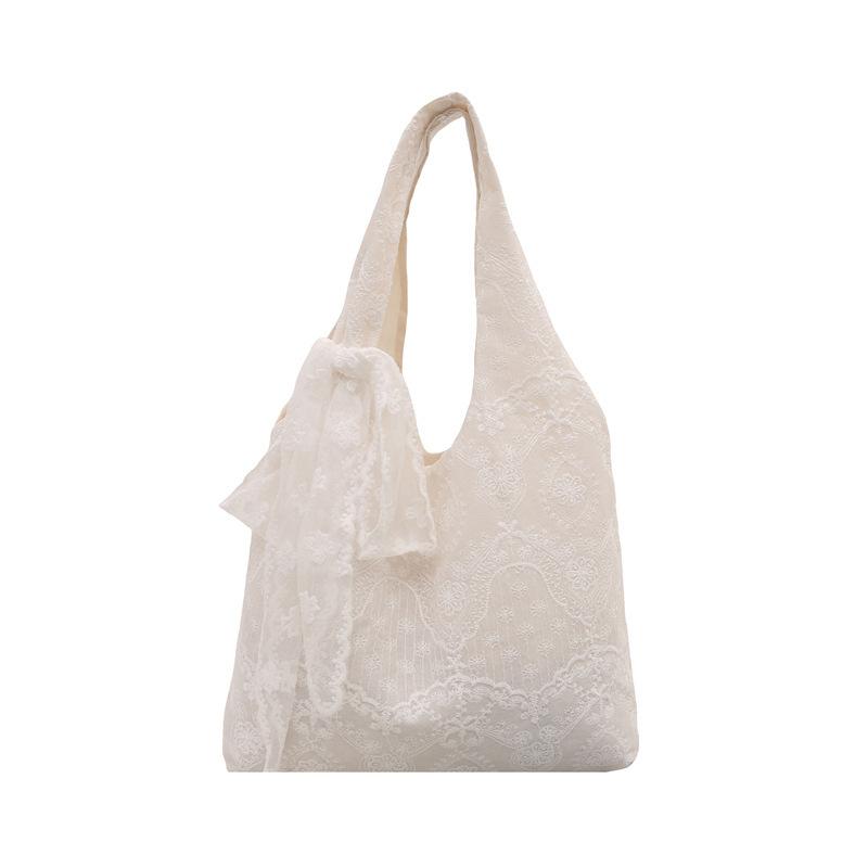 2025 summer new small fresh chiffon small flower shoulder bag lace embroidered canvas bag portable underarm tote bag