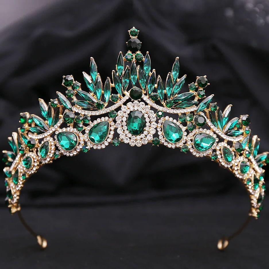 DIEZI Luxury Elegant Green Blue Red Crystal Tiara For Women Wedding Party Dress Elegant Queen Bridal Bride Rhinestone Crown
