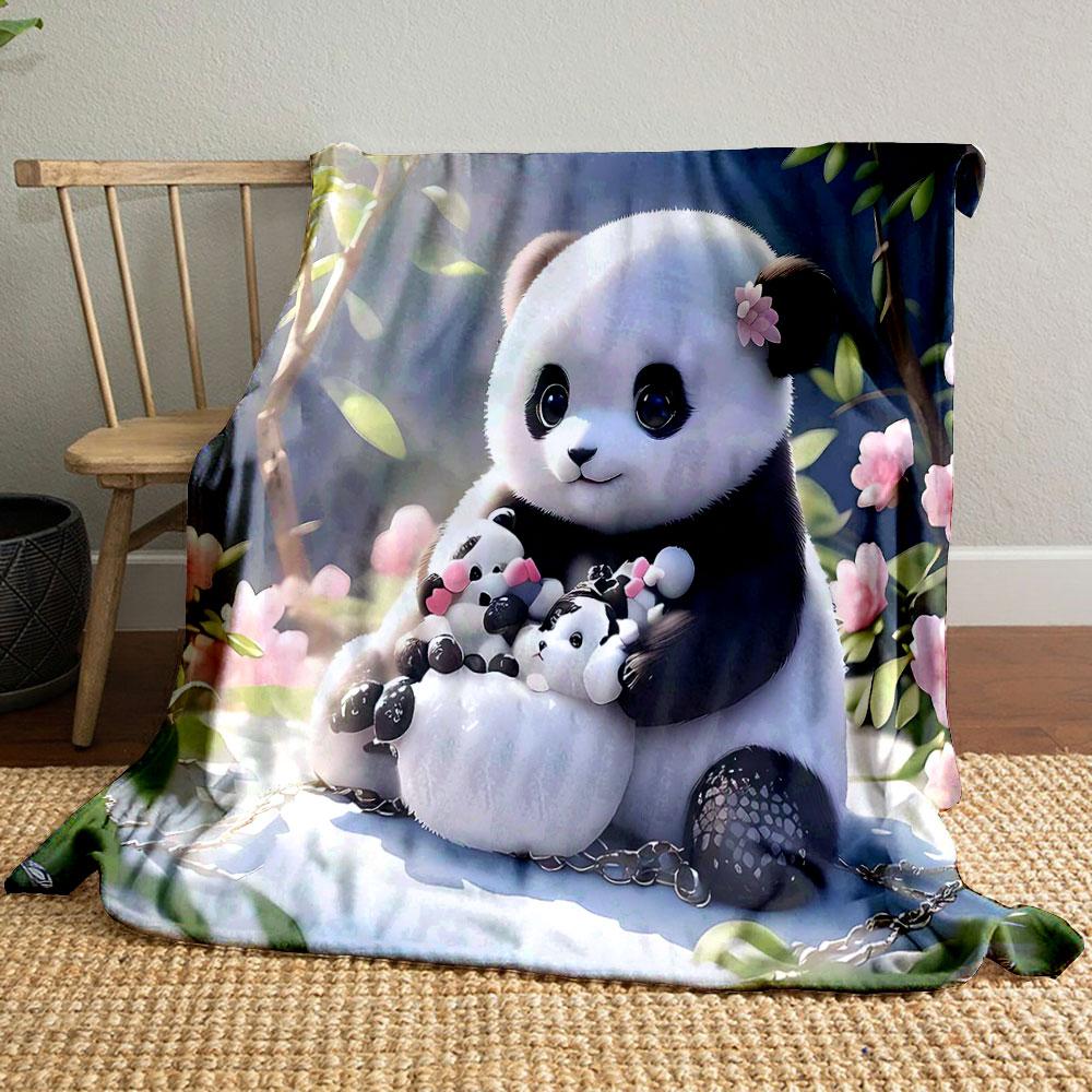 Cute Panda with Blossoms and Decor Patterned Blanket, Flannel, Suitable for All Seasons, Home Decor, Warm and Cozy