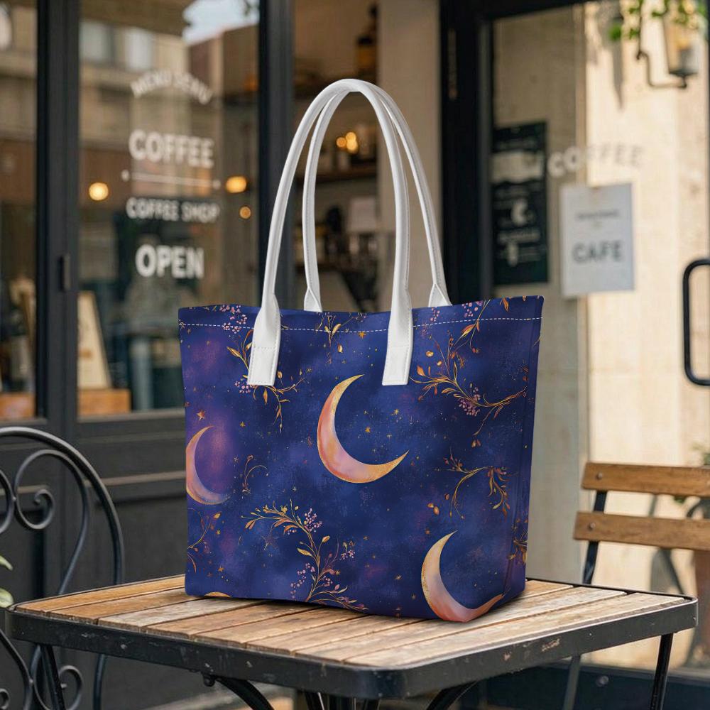 Moon Floral Printed Women Tote Bag Large Capacity Fashion Casual Daily Carry Shoulder Bag for Outdoor Shopping Travel