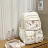 Color Solid Simple Student Backpack With Transparent Compartment And Decor Doll