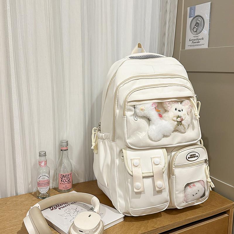 Color Solid Simple Student Backpack With Transparent Compartment And Decor Doll