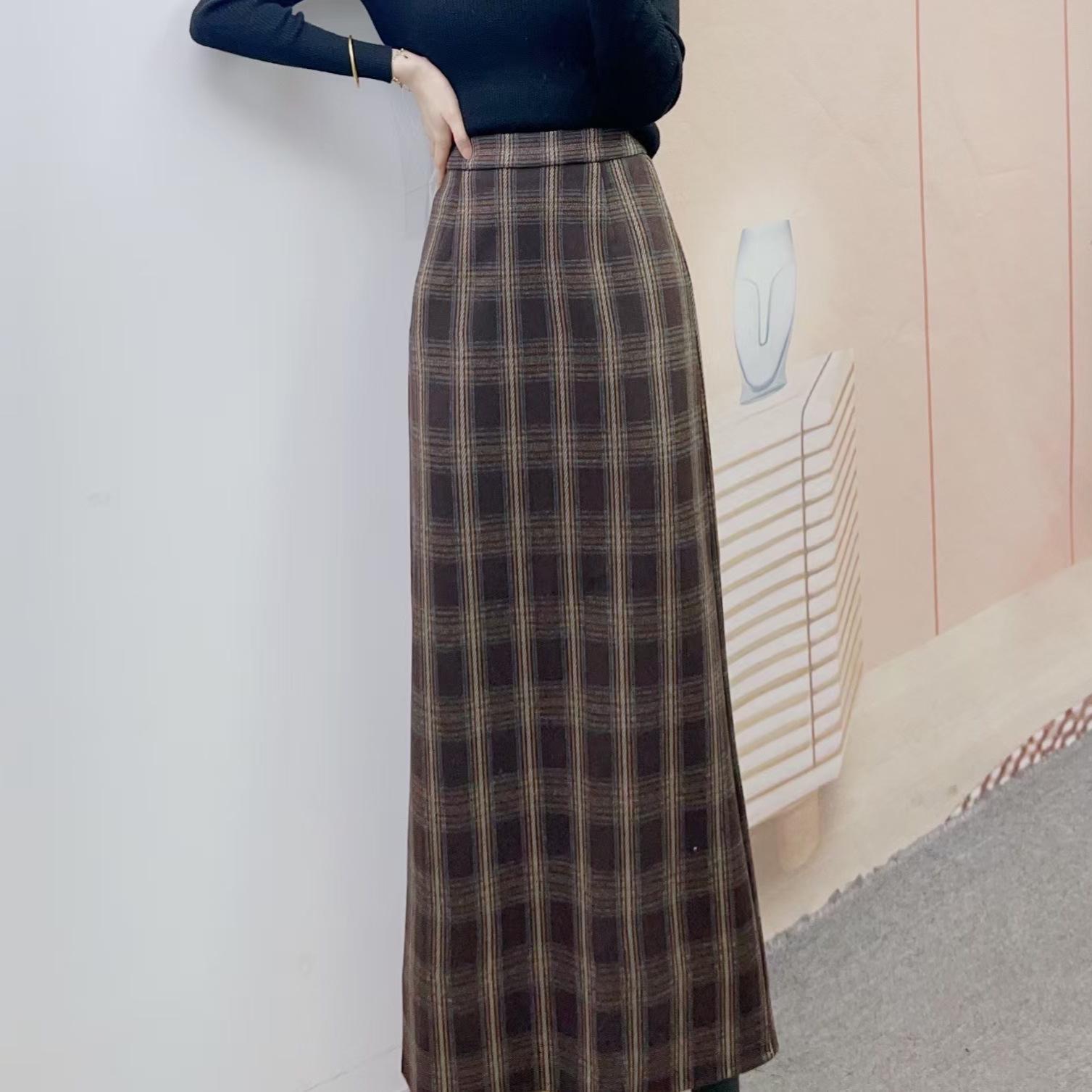 Spring 2026 High-Waisted Plaid Slimming Woolen Over-the-Knee Skirt L