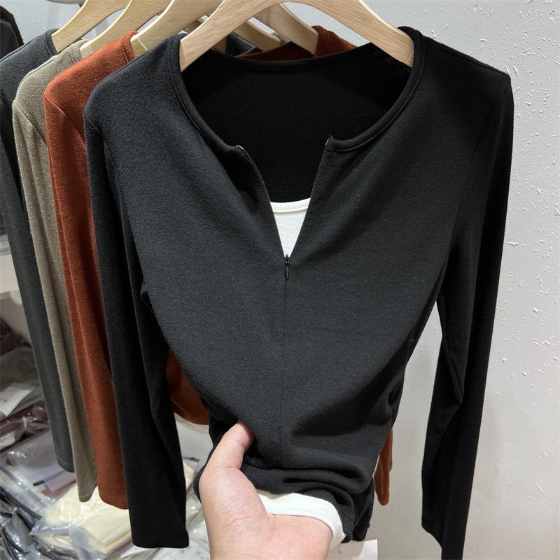 Zipper fake two-piece top women's spring contrasting color splicing card waist pleated long-sleeved T-shirt bottoming shirt tide