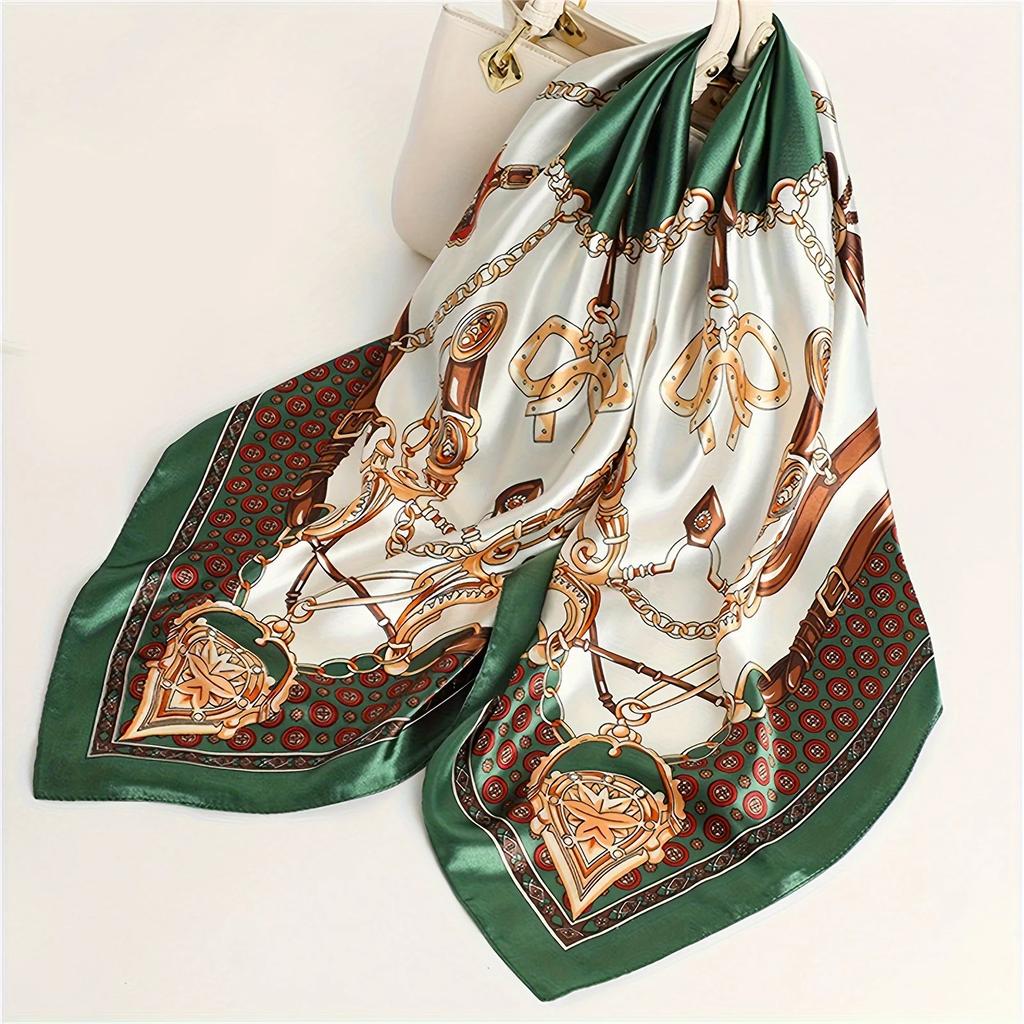Chain Printed Square Hijab Scarf Stylish Thin Satin Shawl Elegant Style Sunscreen Headscarf For Women