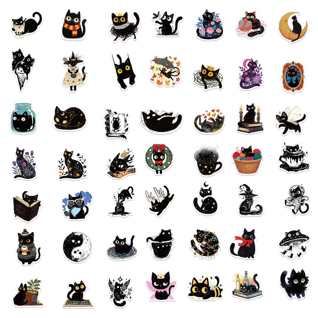 50 Cartoon Black Cat Doodle Stickers Decorate Guitar Notebook Suitcase DIY Waterproof Stickers