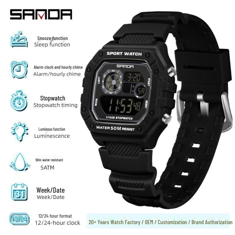 Sanda Multifunktionale Leuchtende Wasserdichte Unisex Quadratische Elektronische Uhr