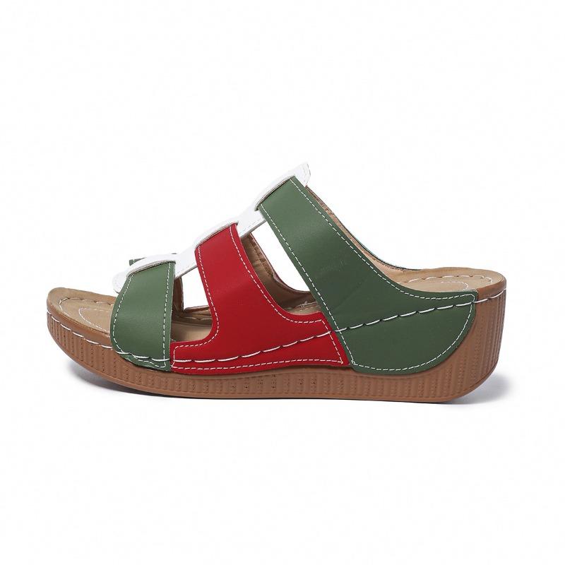 Color matching hollow thick-soled one-word slippers women's new sewing line slope heel beach cool slippers