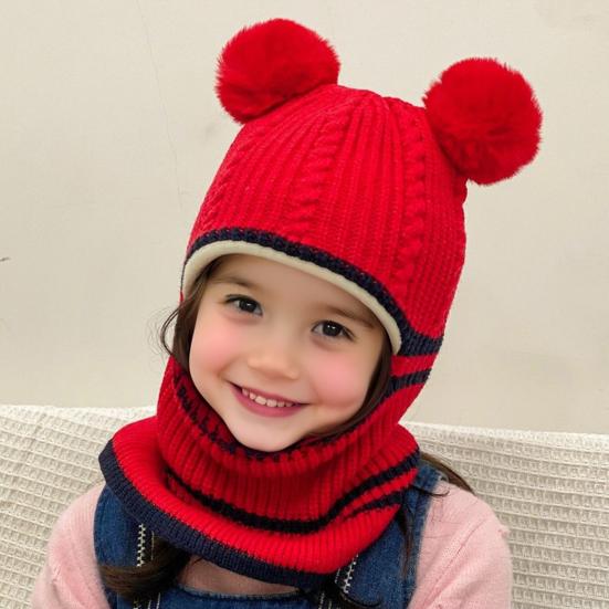 Children Hat Plush Balls Decor Thickened Knitting Hat 3-in-1 Design Hat Scarf Face Guard Headgear Elastic Fit Windproof Hat