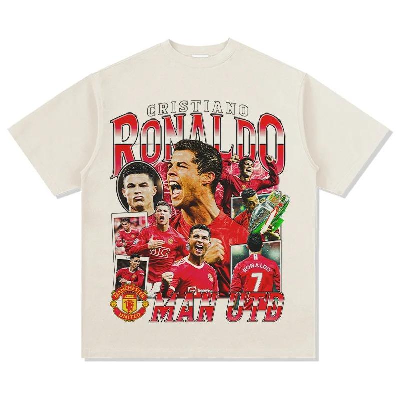 Football Star Cristiano Ronaldo Pattern Printed T-shirt Trend Comfortable Retro 100% Cotton Round Neck Short-sleeved T-shirt