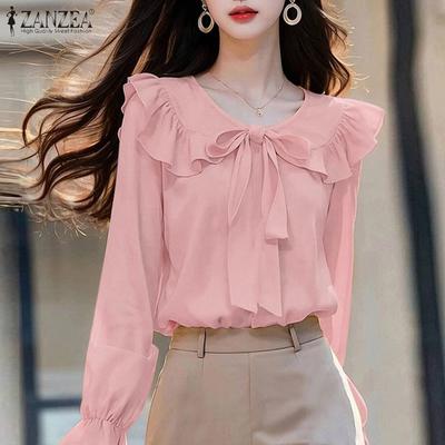 Women Casual Lapel Ribbon Ruffled Long Sleeve Solid Color Blouses