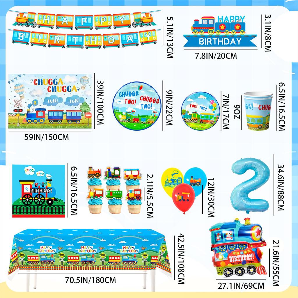 Chugga Chugga Two Two Party Decorations,Train Birthday Decorations&Train Party Tableware-Train Plates Banner Etc Train Birthday Party Supplies