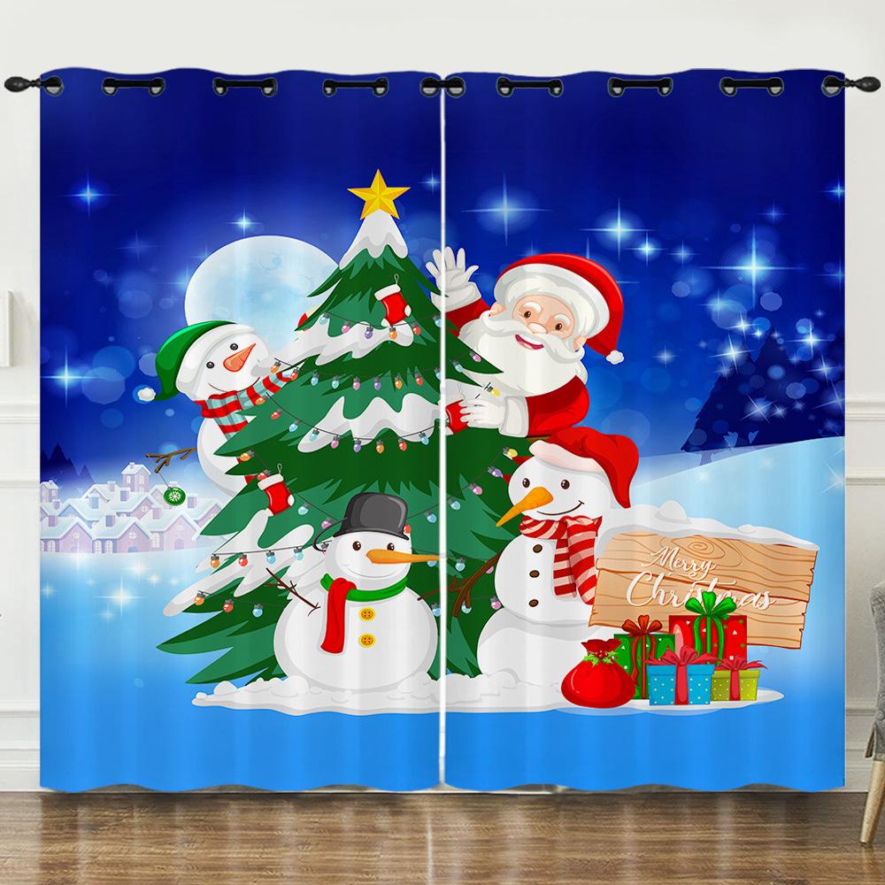 Christmas Day Curtains Blues Bedroom Sunshade Blackout Curtain No Punching