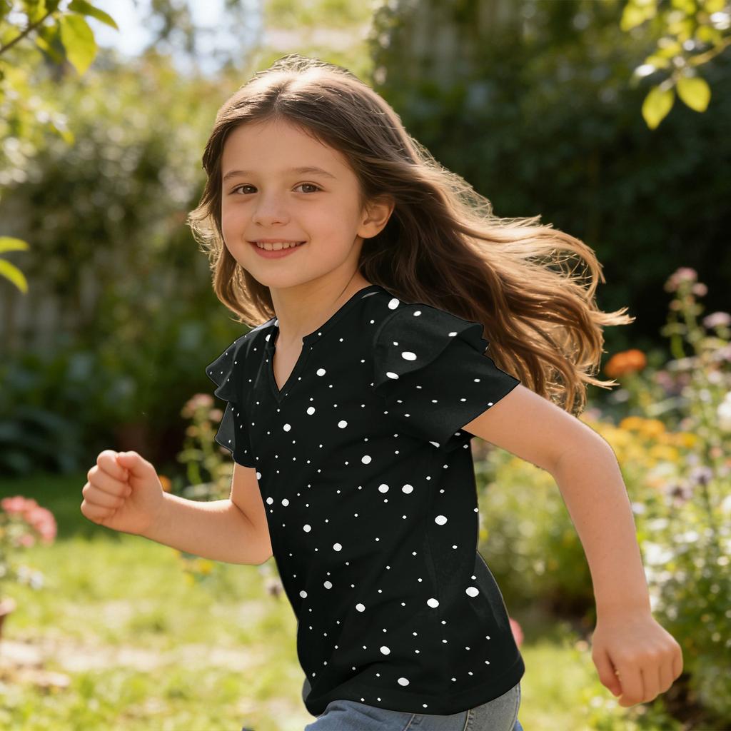 Girls V Neck Ruffle Sleeve Polka Dot Print Short Sleeve T Shirt Casual Blouse Lightweight Summer Top for Kids