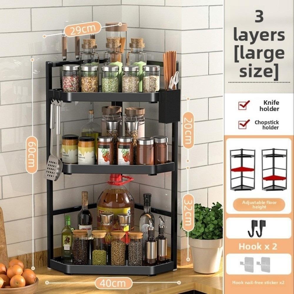 Household 2/3 Layer Condiments Rack Corner Stand with Hooks Seasoning Rack Carbon Steel Storage Rack Kitchen Organizer Supplies