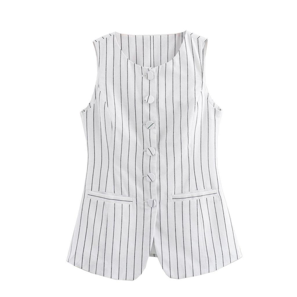 2024 Summer European & American Women's Linen-Style Striped Long Vest & Skirt Set