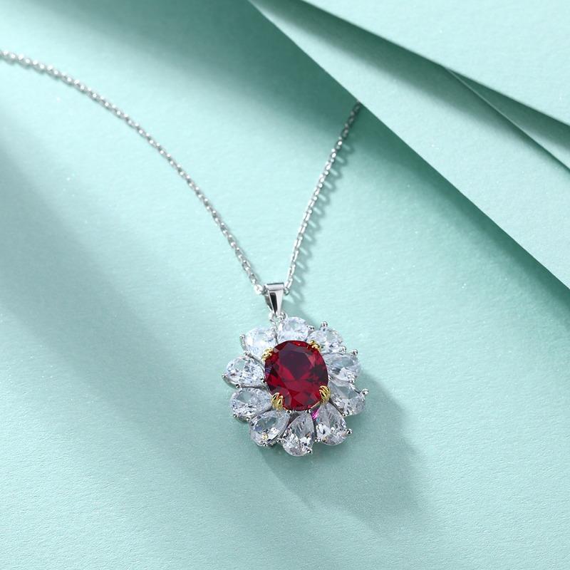 High-end Red Zircon Flower Pendant, Ruby Necklace, Women's High-end 925 Sterling Silver Collarbone Chain.
