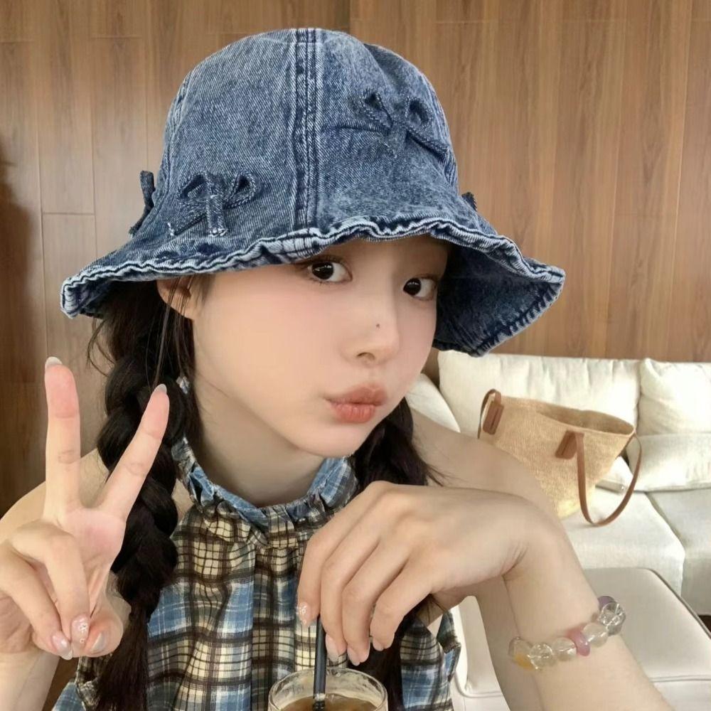 Korean Style Bow Fisherman Hat Sweet Sunscreen Hat Fashion Denim Bucket Hats  For Women