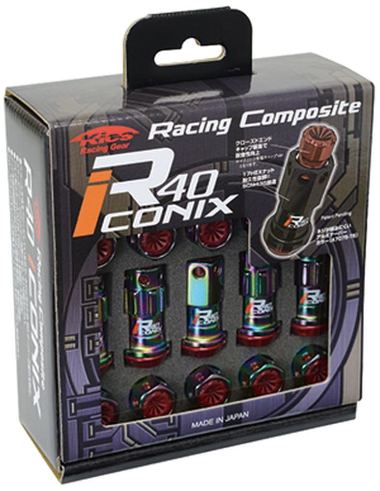 KYO-EI (Kyoei Industry) Racing Composite R40 iCONIX Wheel Lock Nuts, M12 X P1.5, with Resin Caps, Neochrome/Black, RIF-11NK