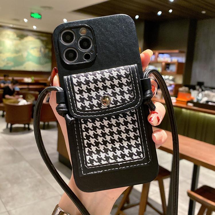Applicable To Iphone13 Oblique Strap Insert Card Mobile Phone Case Plaid Change Card Bag Function Leather Case Protective Case XRXS
