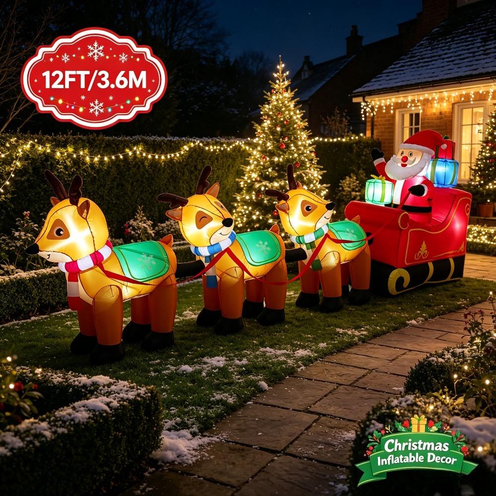 12FT/3.6M Inflatable Santa Claus Sleigh with 3 Reindeer and Gift Boxes, Christmas Outdoor Yard Decor