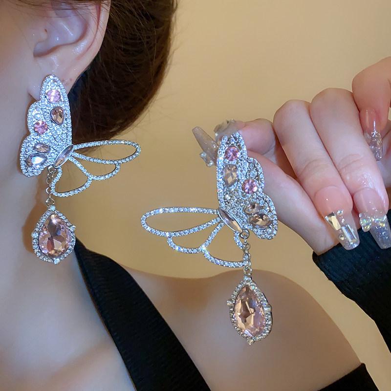 Silver Needle Luxury Rhinestone Butterfly Drop Earrings